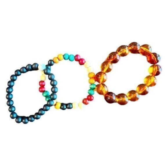 EUC - 3 Beaded Bracelets - Stacking - Brown; Multi; and Black with White Bead - Picture 1 of 7